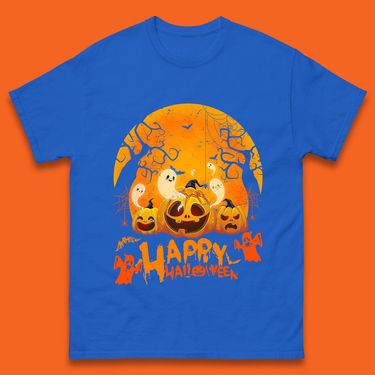 Happy Halloween Jack O Lantern Pumpkins Scary Boo Ghost Haunted Trees Mens Tee Top