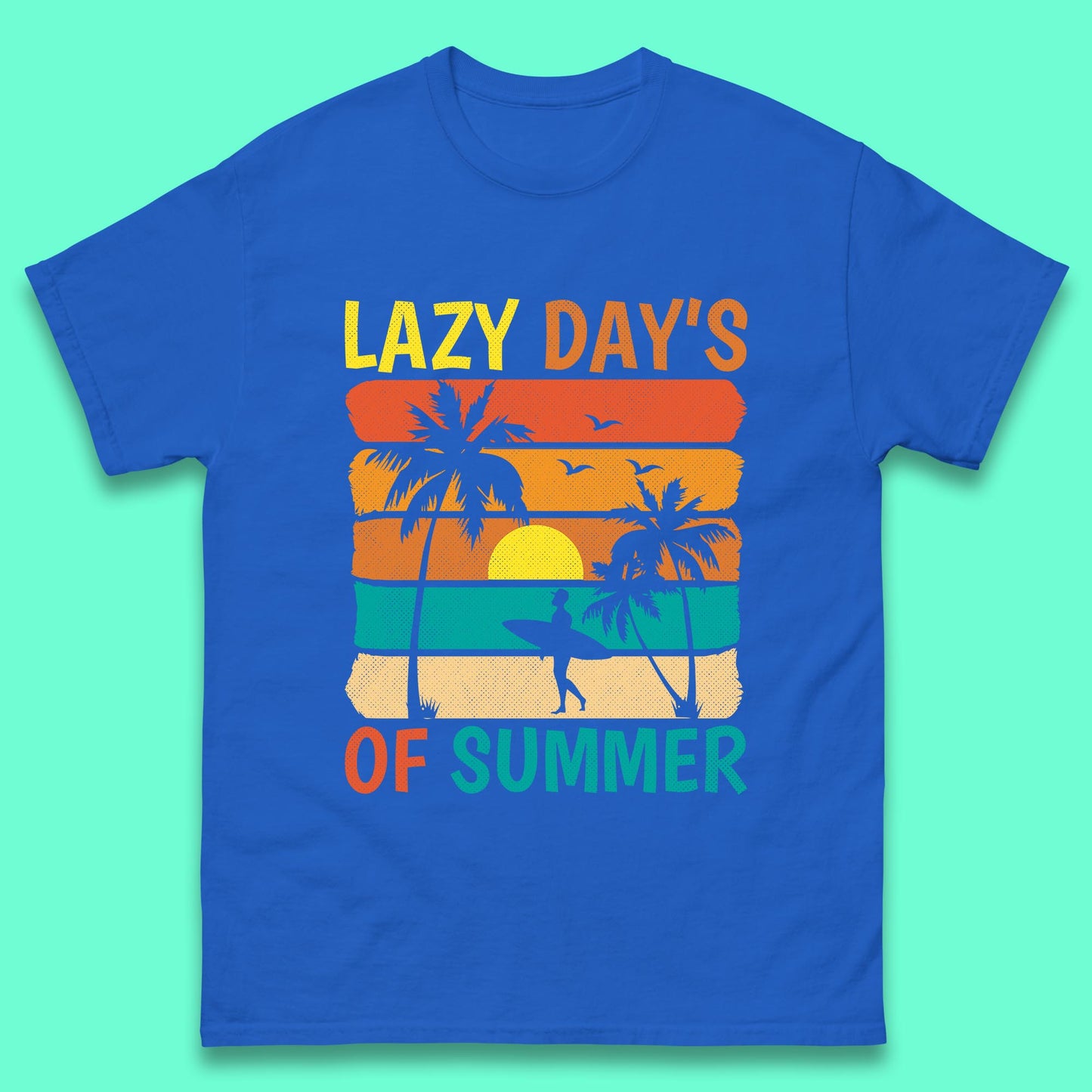 Lazy Days Of Summer Vintage Retro Sunset Surfer Beach Palm Trees Mens Tee Top