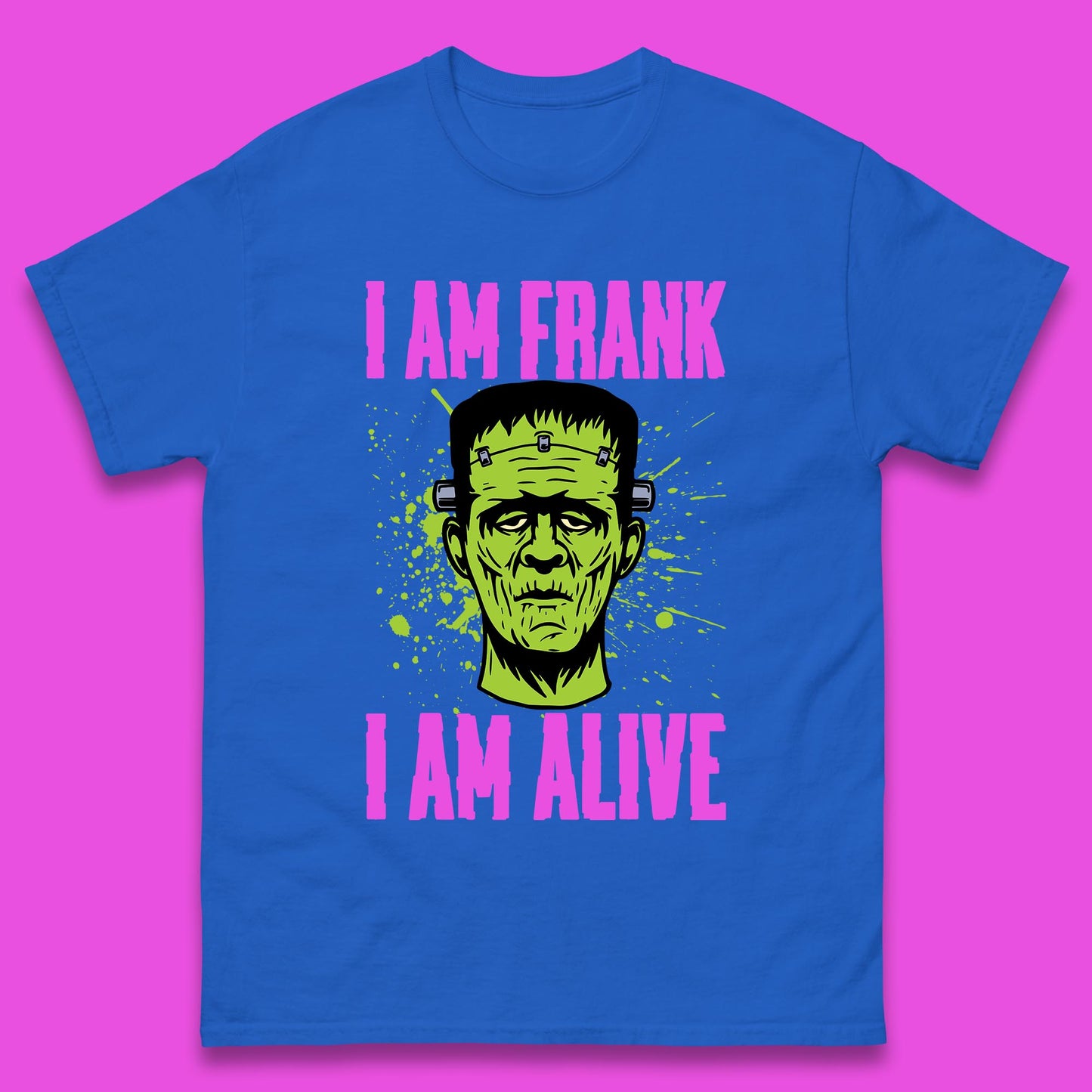 I Am Frank I Am Alive Halloween Green Frankenstein Monster Zombie Horror Face Mens Tee Top