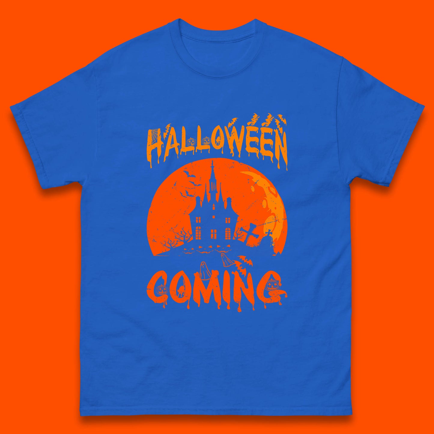 Halloween Coming Horror Scary Ghost Haunted House Spooky Season Mens Tee Top