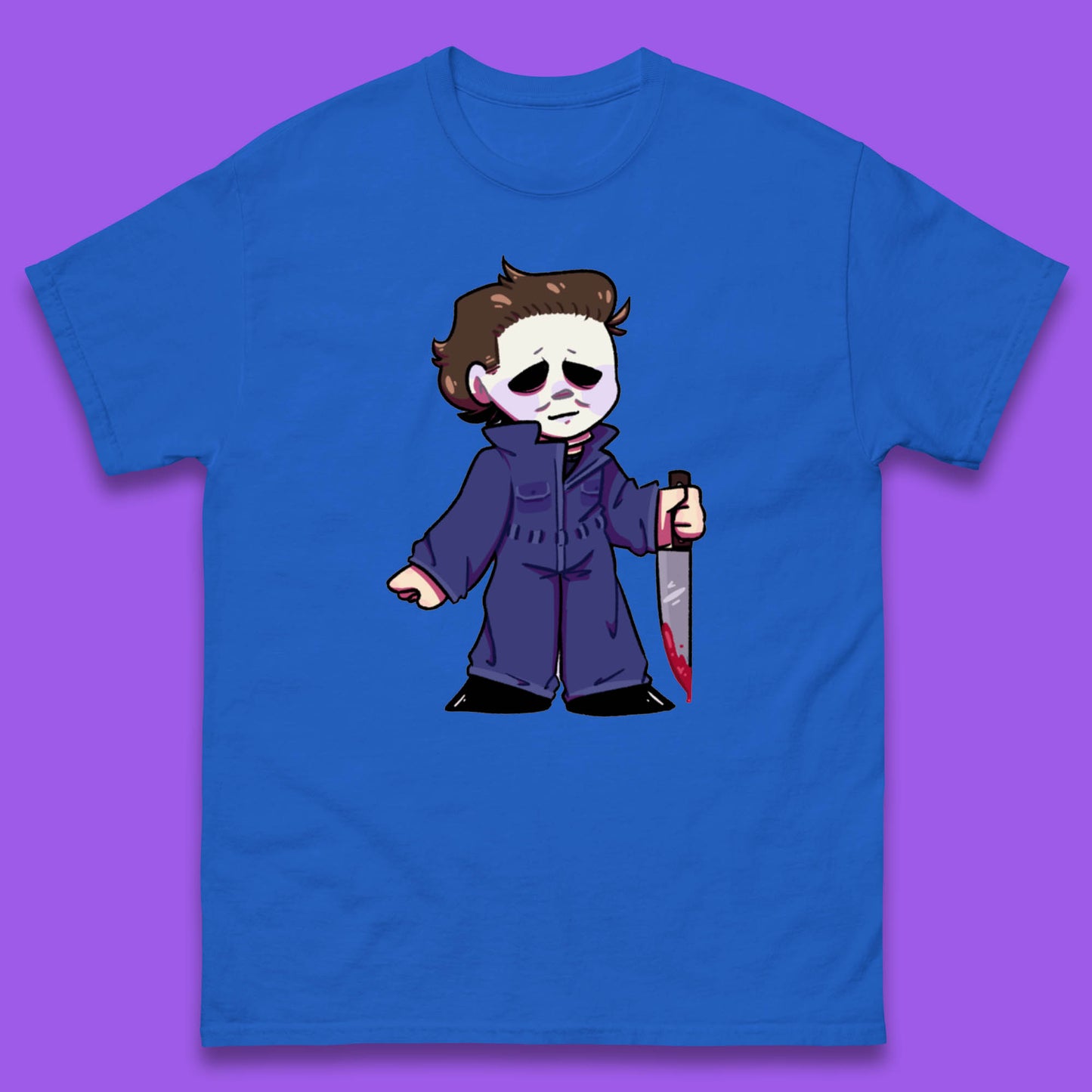 Chibi Michael Myers Holding Bloody Knife Halloween Serial Killer Horror Movie Character Mens Tee Top