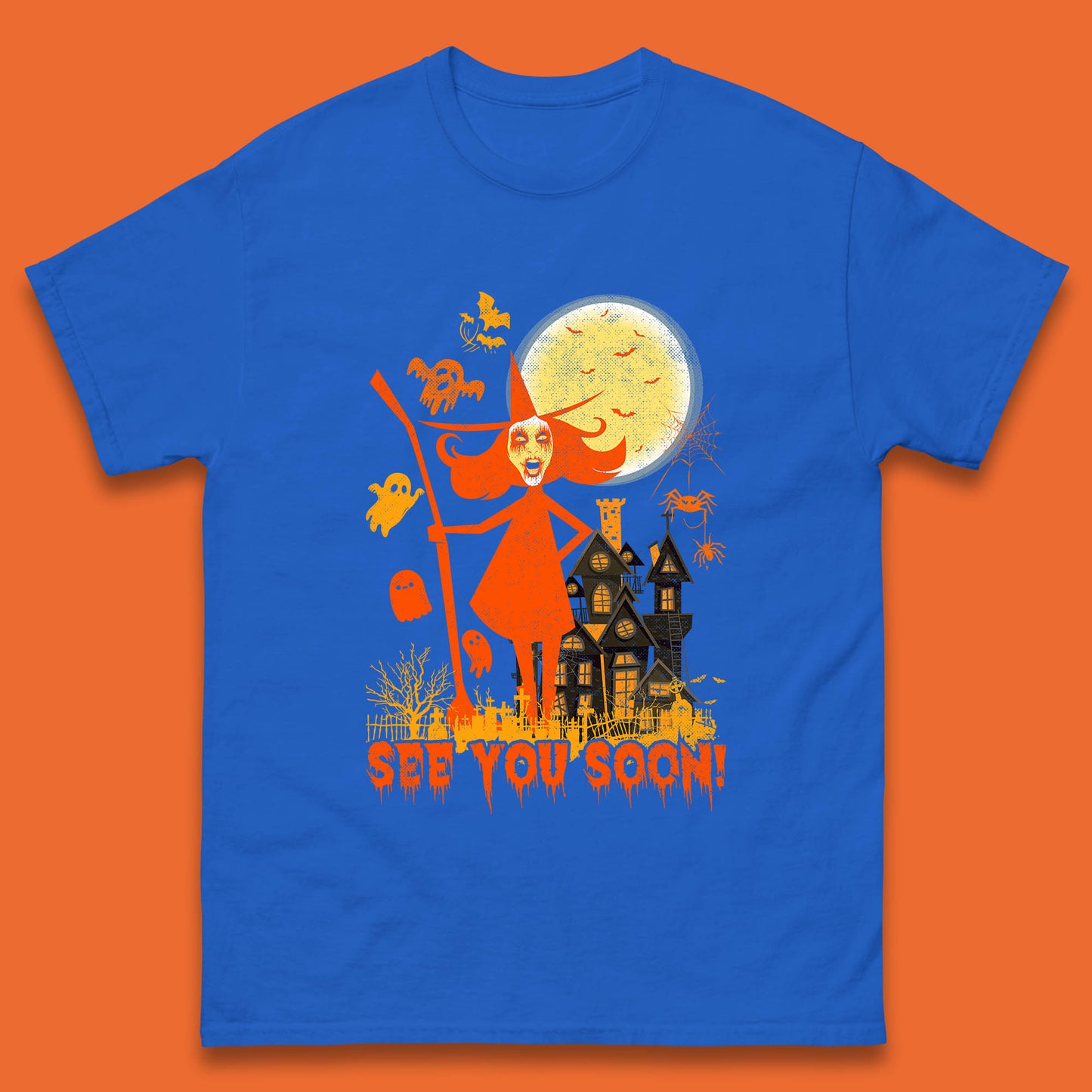 See You Soon Halloween Witch With Broom Horror Scary Haunted House Mens Tee Top