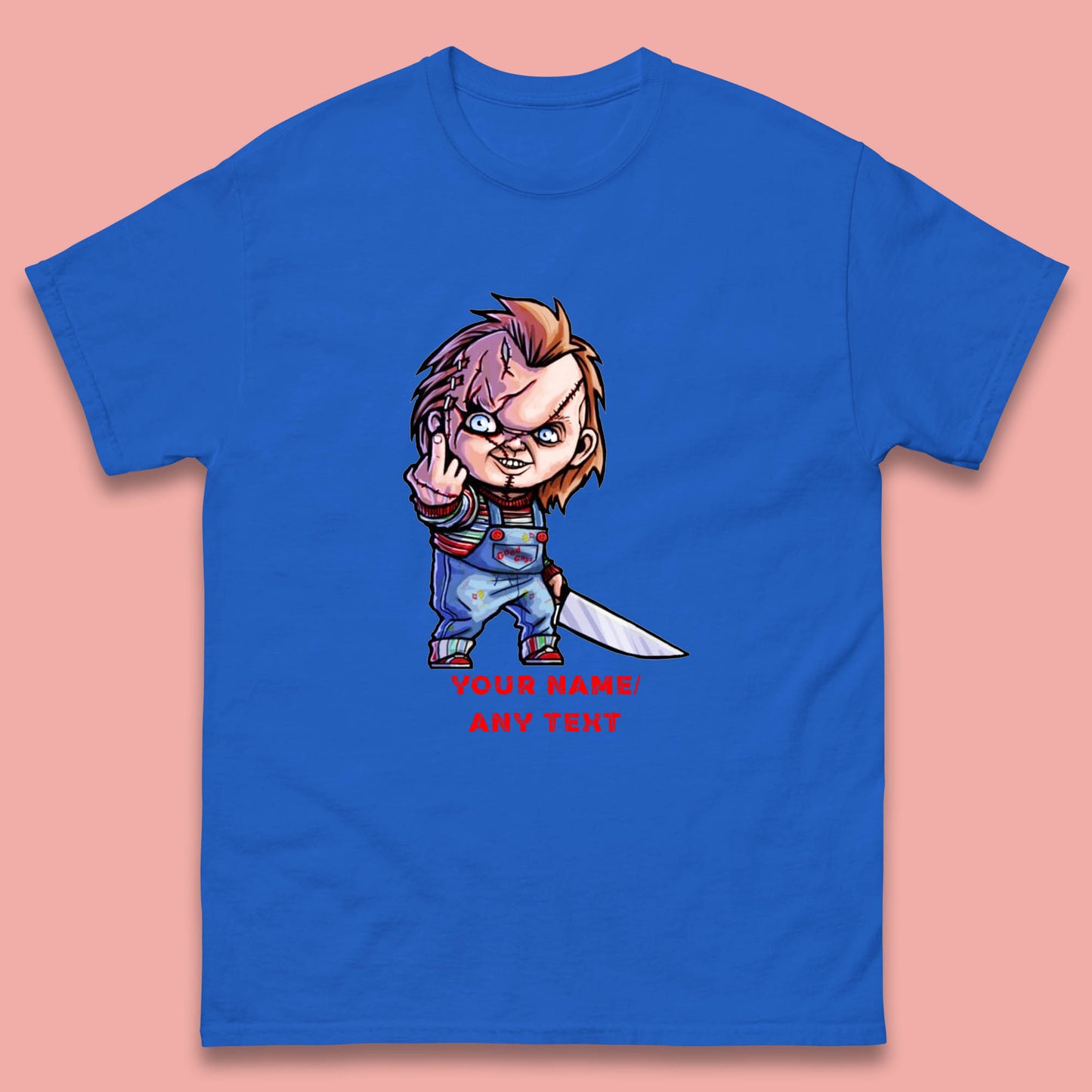 Personalised Chucky With Knife Your Name Or Text Halloween Horror Movie Character Mens Tee Top