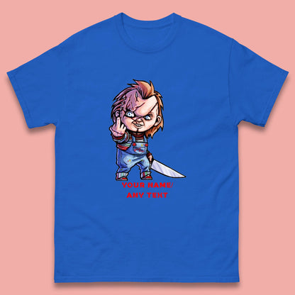 Personalised Chucky With Knife Your Name Or Text Halloween Horror Movie Character Mens Tee Top