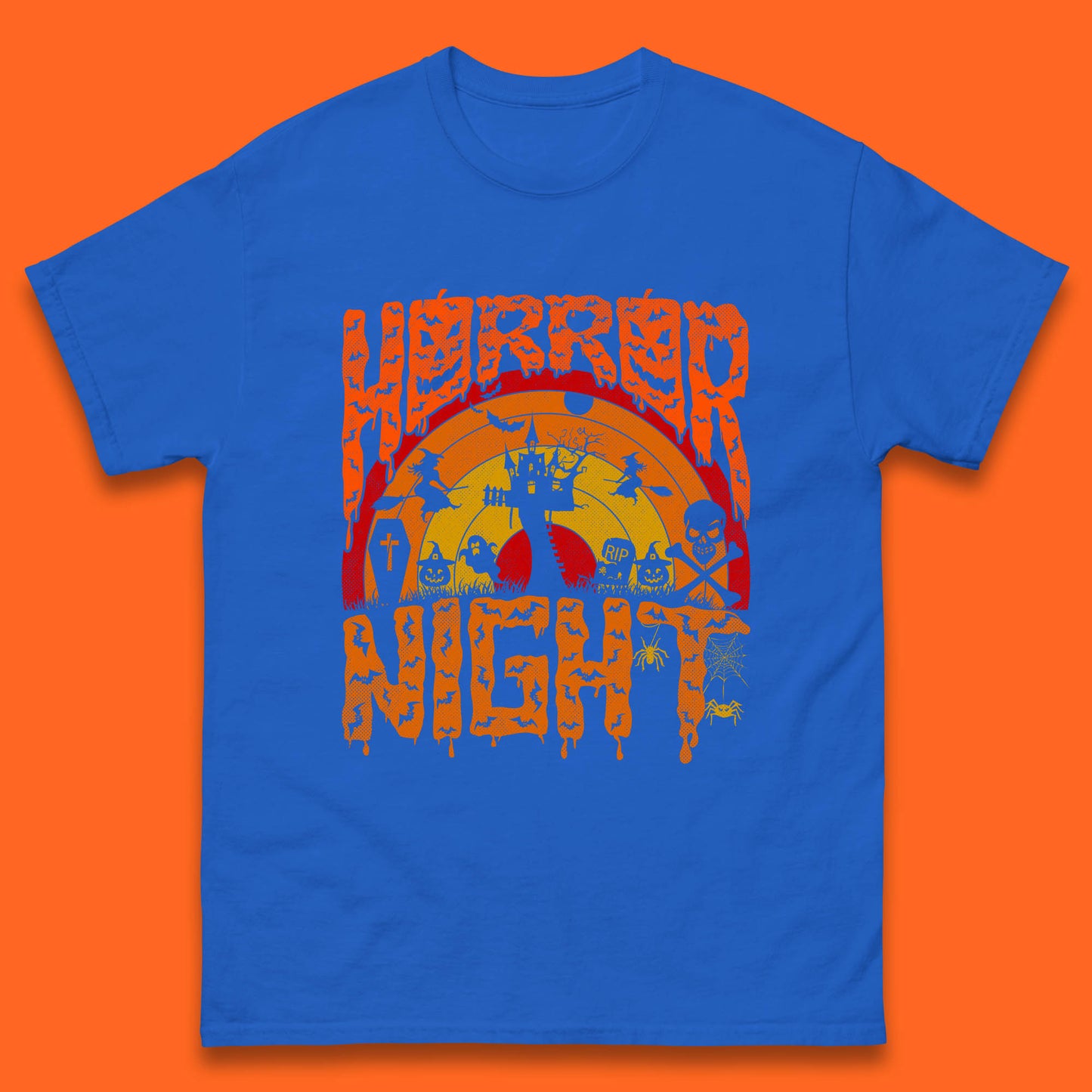 Halloween Horror Night Vintage Rainbow Flying witches Scary Boo Spooky Festive Night Mens Tee Top