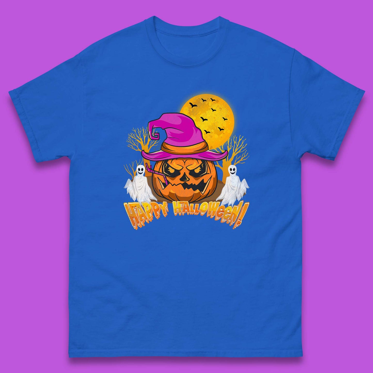 Happy Halloween Pumpkin Witch Hat Jack-o'-lantern With Full Moon Flying Bats Horror Scary Boo Ghost Mens Tee Top
