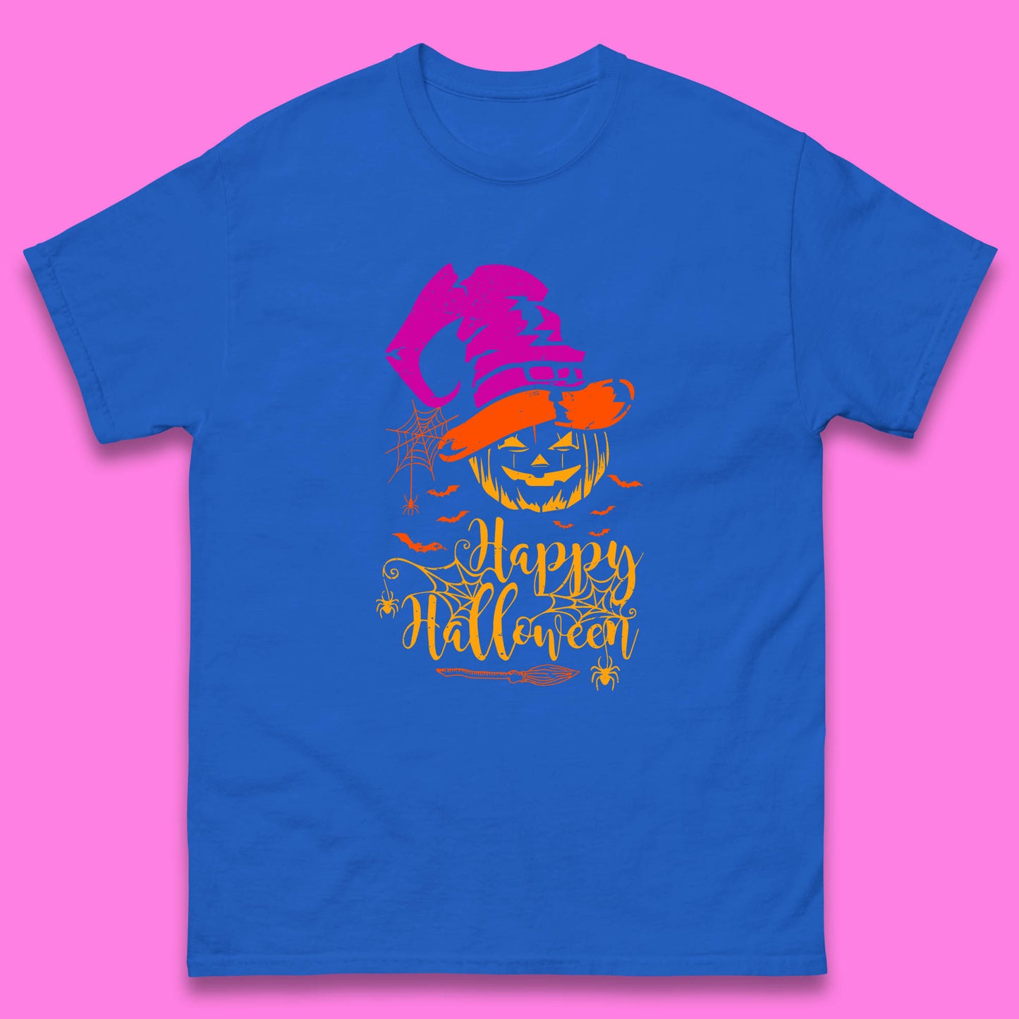 Happy Halloween Witch Hat Pumpkin Horror Scary Jack-o-lantern Flying Bats Mens Tee Top