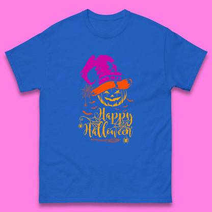 Happy Halloween Witch Hat Pumpkin Horror Scary Jack-o-lantern Flying Bats Mens Tee Top