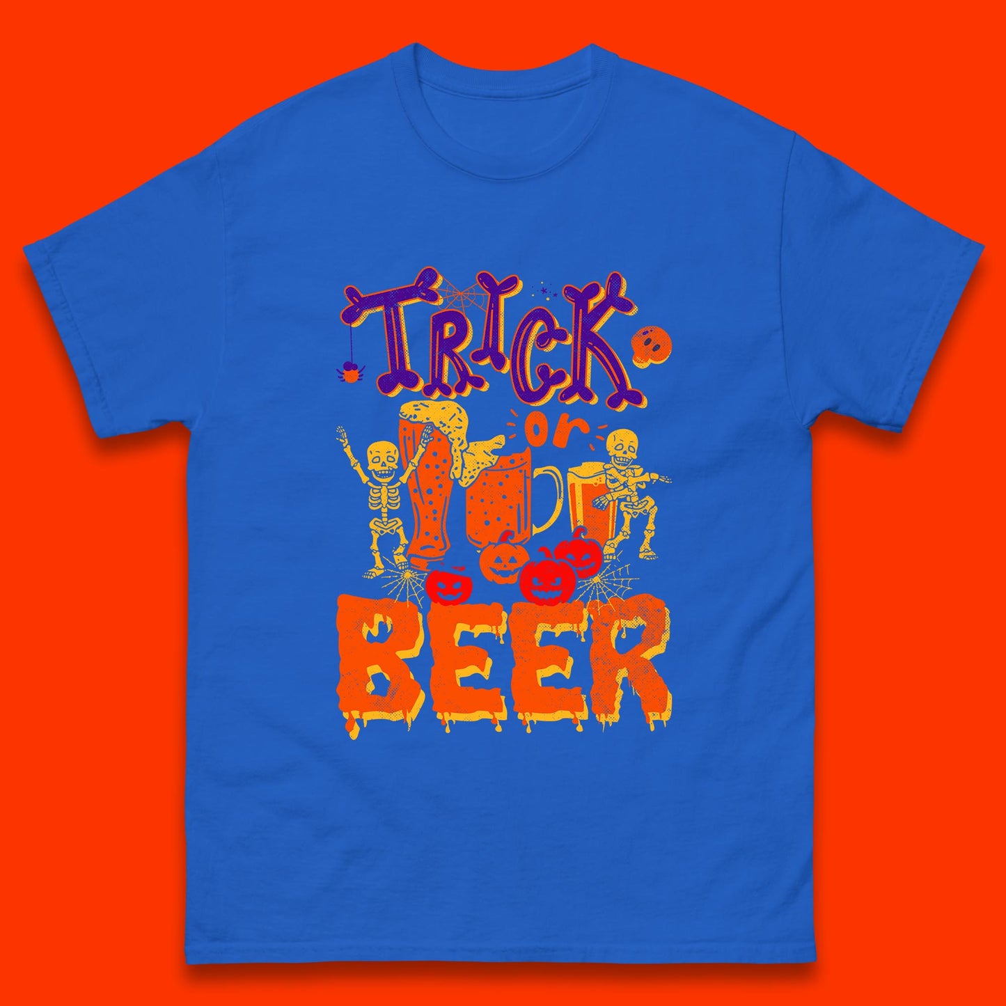 Trick Or Beer Halloween Drinking Beer Lover Dancing Skeleton Drinker Halloween Party Mens Tee Top