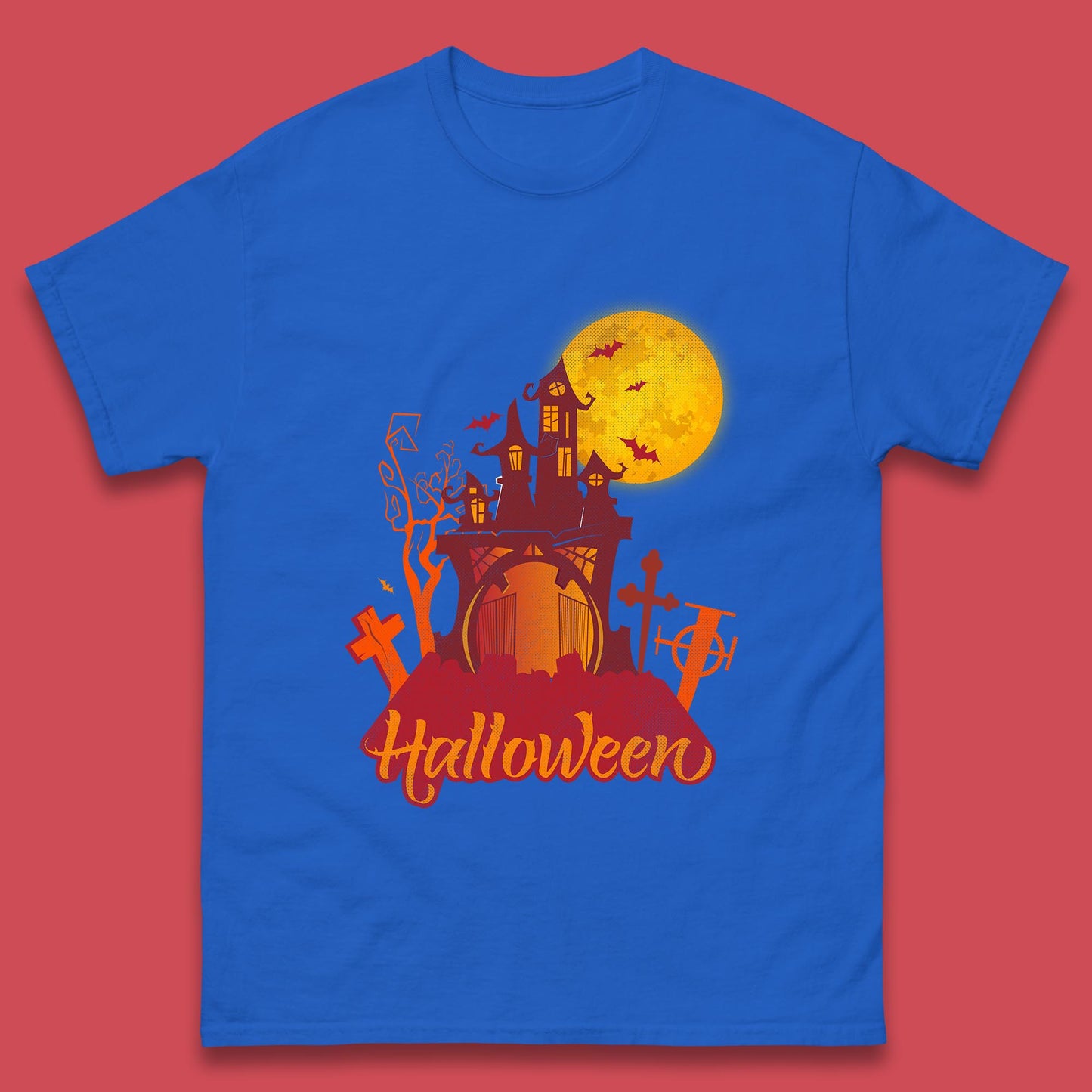 Halloween Lettering With Full Moon Scary Haunted House Flying Bats Horror Graveyard Mens Tee Top