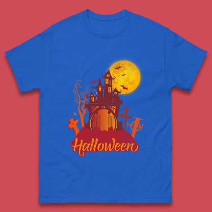Halloween Lettering With Full Moon Scary Haunted House Flying Bats Horror Graveyard Mens Tee Top