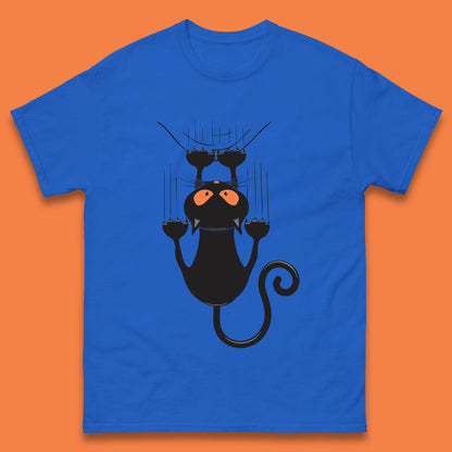 Black Cat Cartoon Scratching Climbing Wall Halloween Horror Scary Black Cat Spooky Season Mens Tee Top