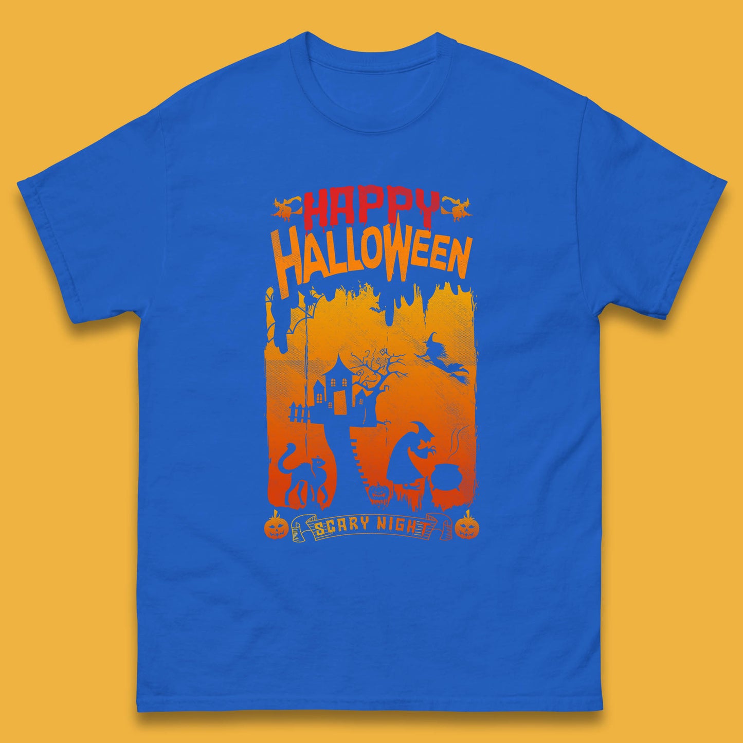 Happy Halloween Horror Hunted House Flying Witch Scary Spooky Night Mens Tee Top