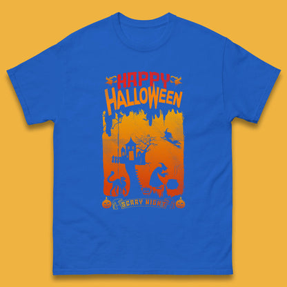 Happy Halloween Horror Hunted House Flying Witch Scary Spooky Night Mens Tee Top