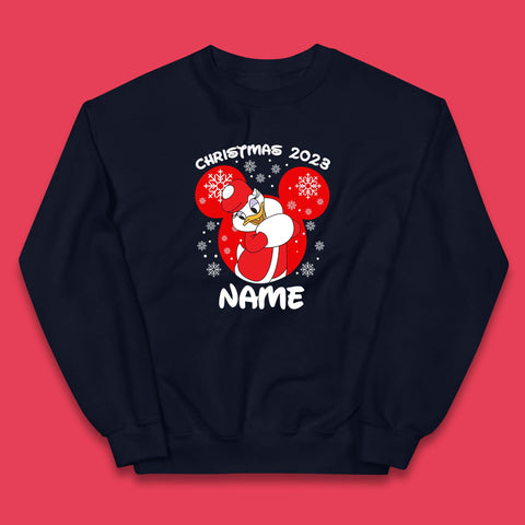 Personalised Christmas 2023 Your Name Santa Donald Duck And Daisy Duck Xmas Disney Mickey And Friends Kids Jumper