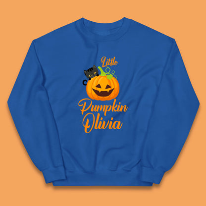 Personalised Little Pumpkin Your Name Black Cat Witch On Pumpkin Kids Jumper