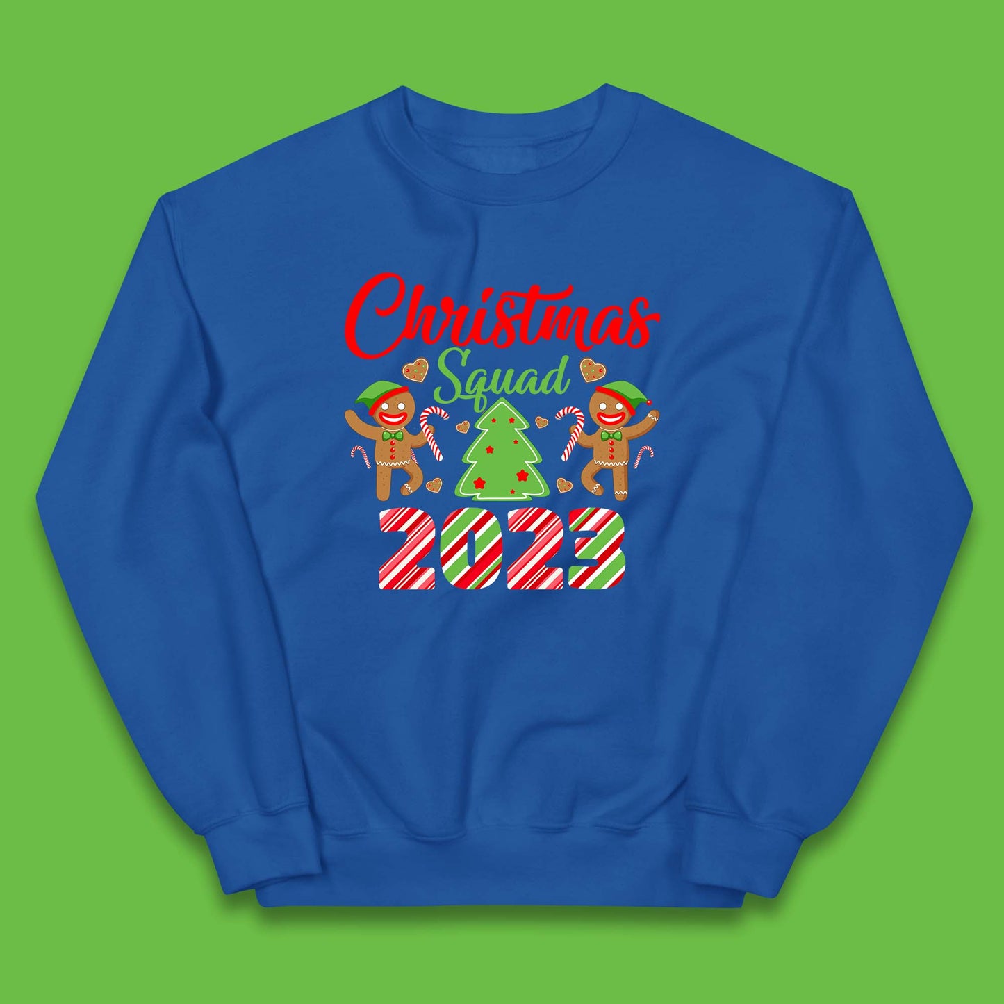 Christmas Squad 2023 Christmas Tree Xmas Gingerbread Man with Candy Cane Kids Jumper