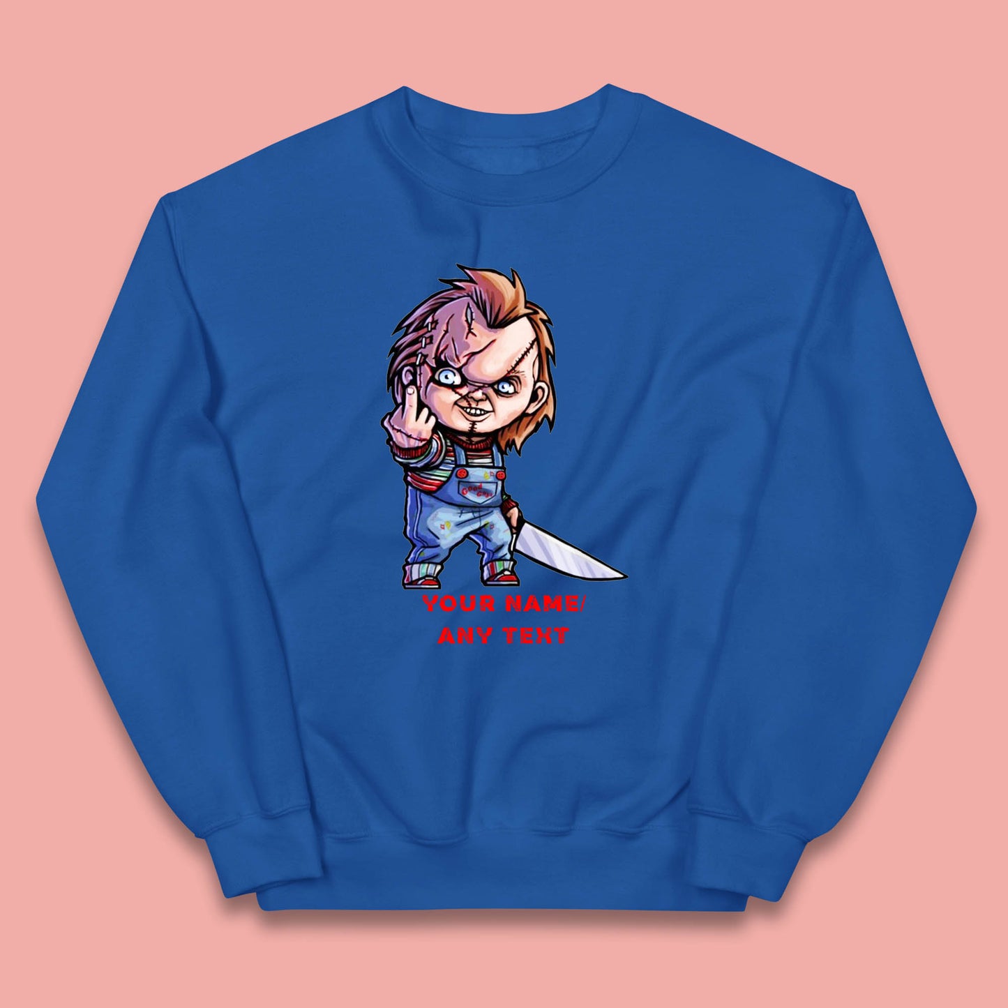 Personalised Chucky With Knife Your Name Or Text Halloween Horror Movie Character Kids Jumper