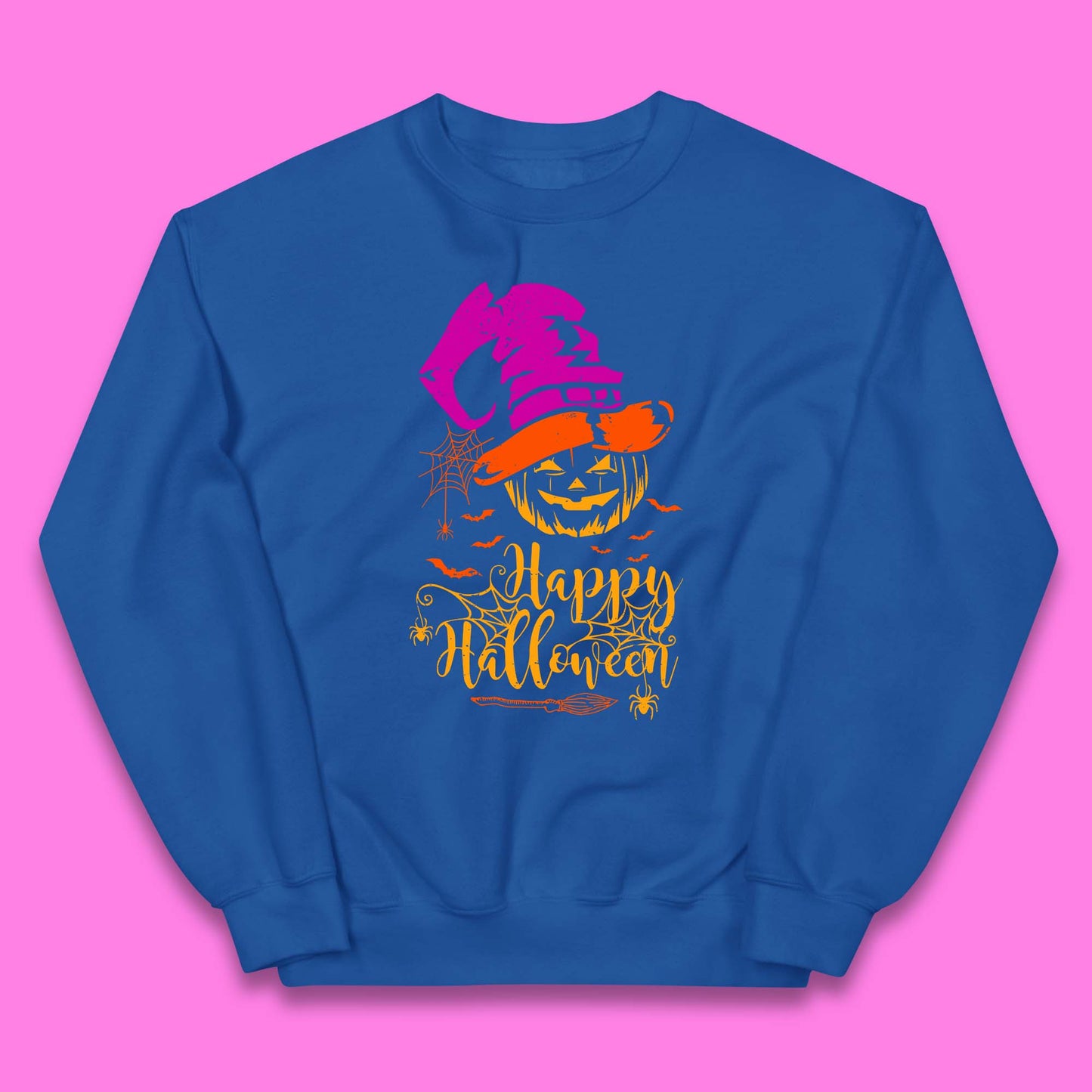 Happy Halloween Witch Hat Pumpkin Horror Scary Jack-o-lantern Flying Bats Kids Jumper