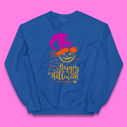 Happy Halloween Witch Hat Pumpkin Horror Scary Jack-o-lantern Flying Bats Kids Jumper