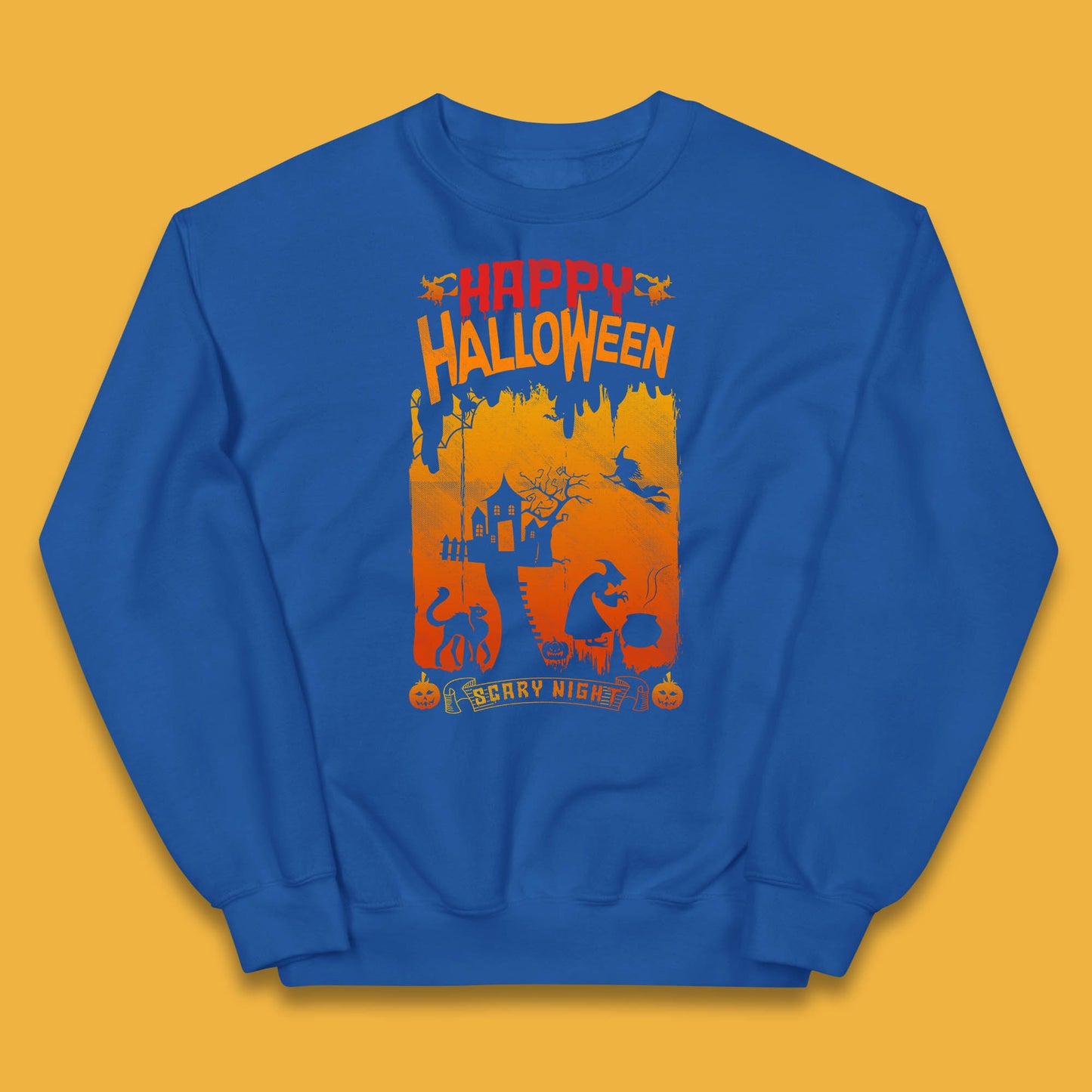 Happy Halloween Horror Hunted House Flying Witch Scary Spooky Night Kids Jumper