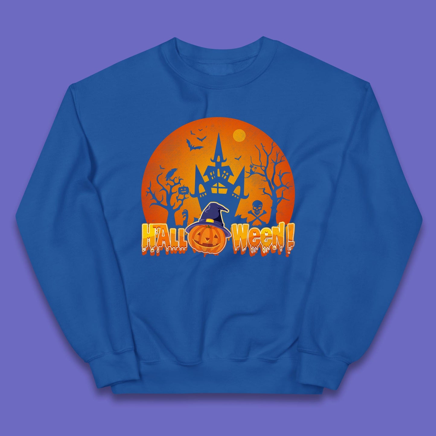 Halloween Pumpkin Witch Hat Haunted Castle Flying Bats Skull Bones Scary Dark Night Kids Jumper