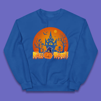 Halloween Pumpkin Witch Hat Haunted Castle Flying Bats Skull Bones Scary Dark Night Kids Jumper