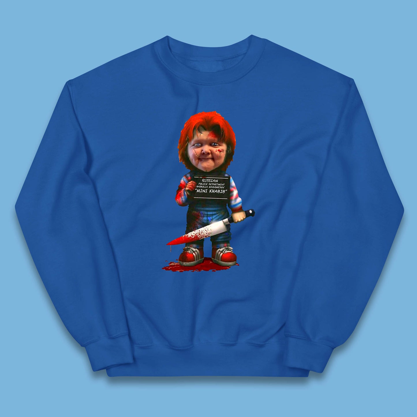 Chucky Mug Shot Russian Police Dept Hasbulla Magomedov Chucky Mini Khabib Inspired Halloween Horror Movie Good Guy Chucky Kids Jumper