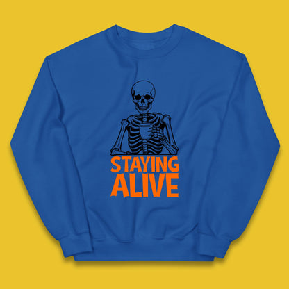 Staying Alive Funny Skeleton Trendy Coffee Halloween Skull Vintage Coffee Lovers Kids Jumper