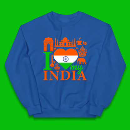 I Love My India Patriotic Indian Flag 15th August Independence Day Kids Jumper