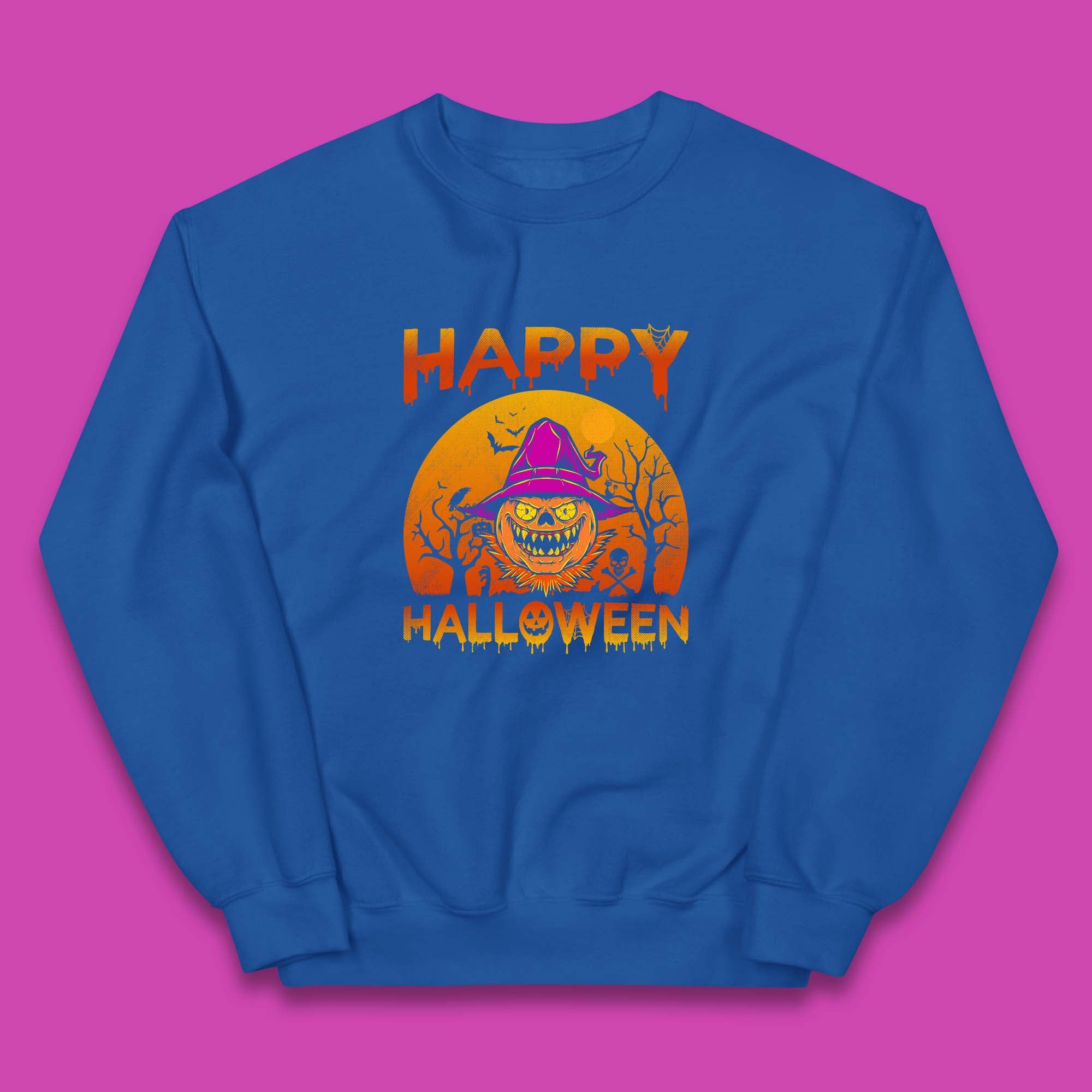 Happy Halloween Monster Pumpkin With Witch Hat Horror Scary Spooky Season Kids Jumper