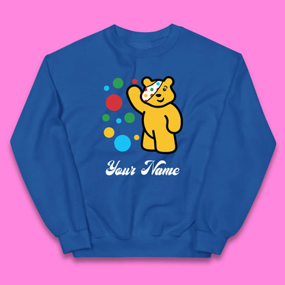 Personalised Spotty Pudsey Bear Hand Waving Dotty Spot Your Name Fundraising Spotty Bear Spotty Day Kids Jumper