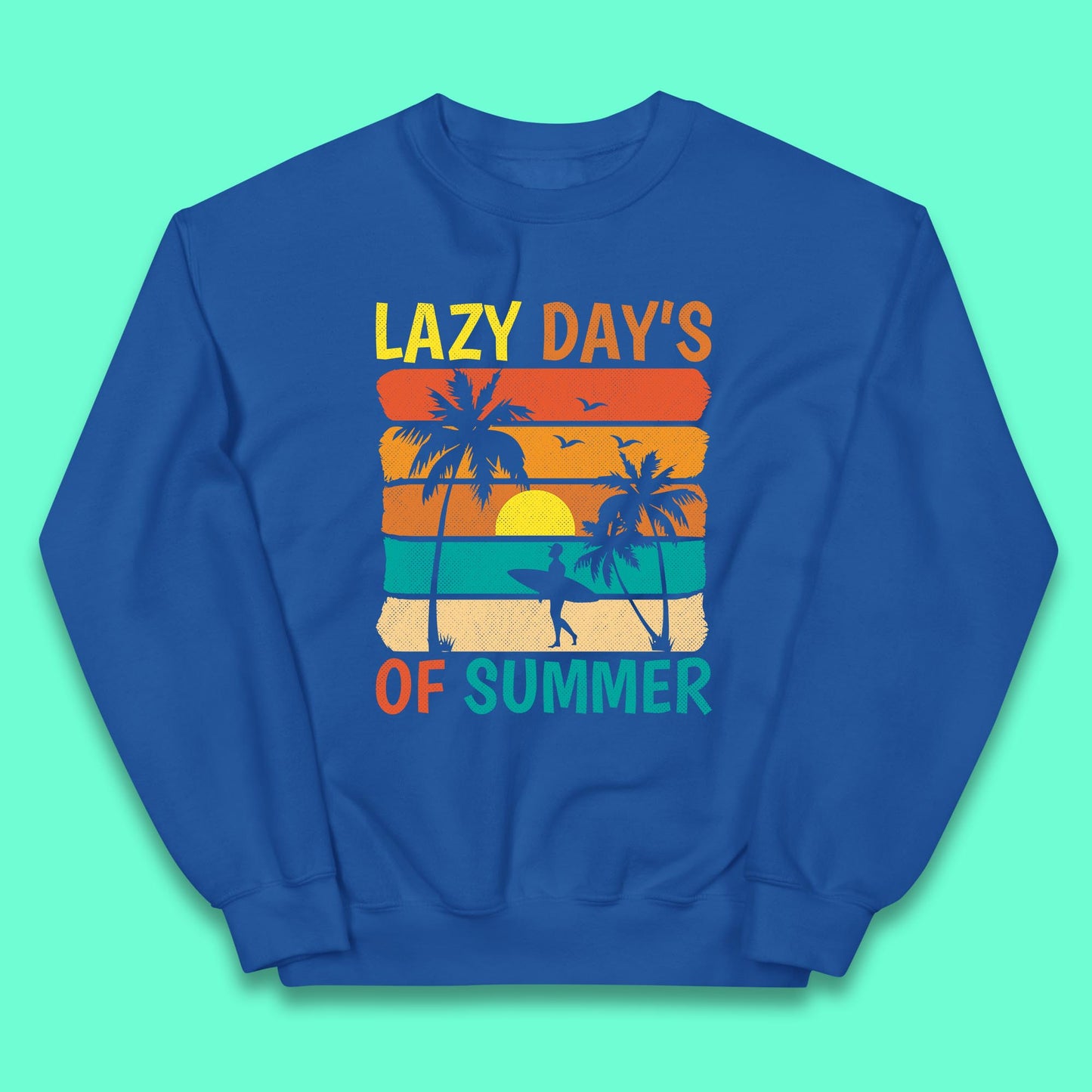 Lazy Days Of Summer Vintage Retro Sunset Surfer Beach Palm Trees Kids Jumper