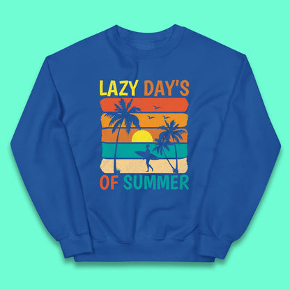 Lazy Days Of Summer Vintage Retro Sunset Surfer Beach Palm Trees Kids Jumper