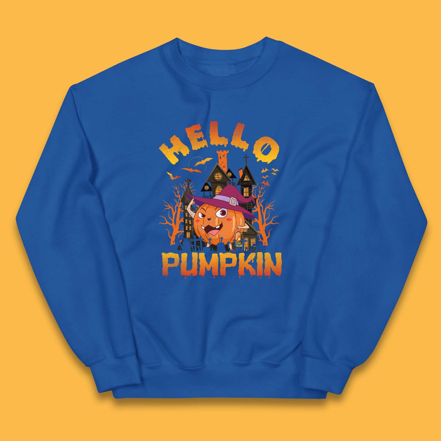 Hello Pumpkin Cartoon Halloween Pumpkin With Witch Hat Devil Smile Haunted Castle Kids Jumper