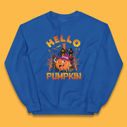 Hello Pumpkin Cartoon Halloween Pumpkin With Witch Hat Devil Smile Haunted Castle Kids Jumper