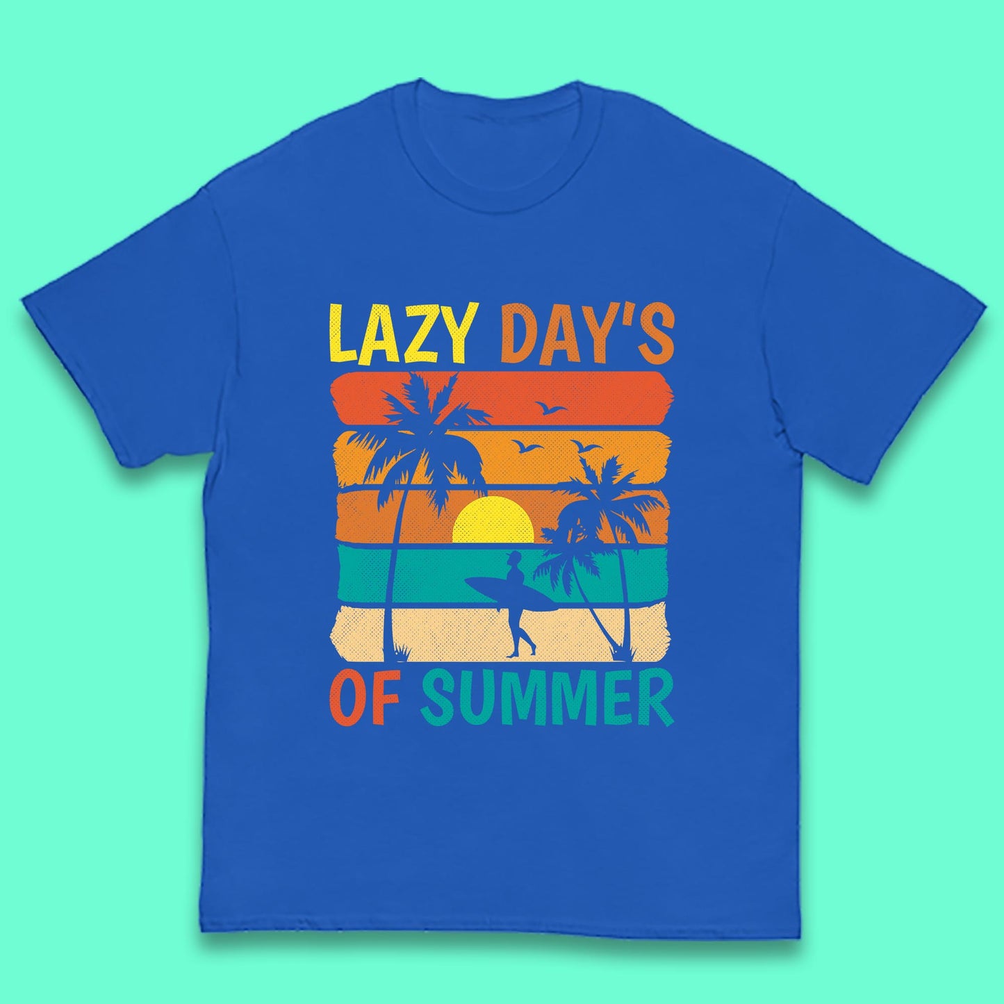 Lazy Days Of Summer Vintage Retro Sunset Surfer Beach Palm Trees Kids T Shirt