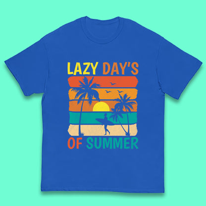 Lazy Days Of Summer Vintage Retro Sunset Surfer Beach Palm Trees Kids T Shirt