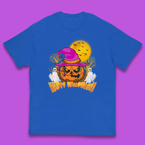 Happy Halloween Pumpkin Witch Hat Jack-o'-lantern With Full Moon Flying Bats Horror Scary Boo Ghost Kids T Shirt