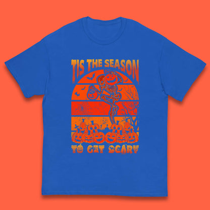 Tis The Season To Get Scary Halloween Skeleton Holding Pumpkin Buckets Spooky Vibes Kids T Shirt