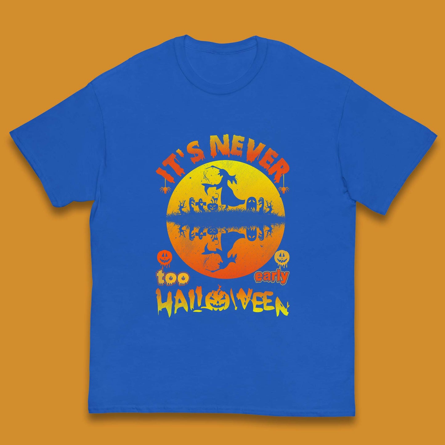It's Never Too Early Halloween Witch Flying On Broomstick Over Lake Scary Spooky Season Kids T Shirt
