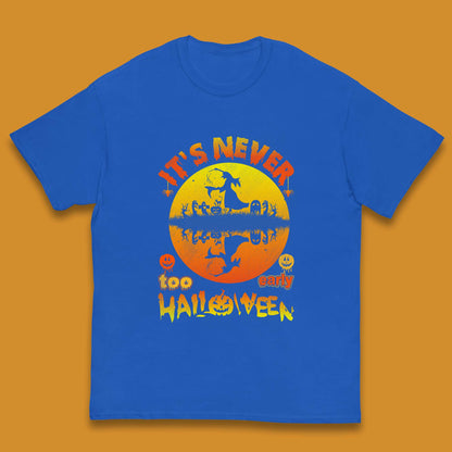 It's Never Too Early Halloween Witch Flying On Broomstick Over Lake Scary Spooky Season Kids T Shirt