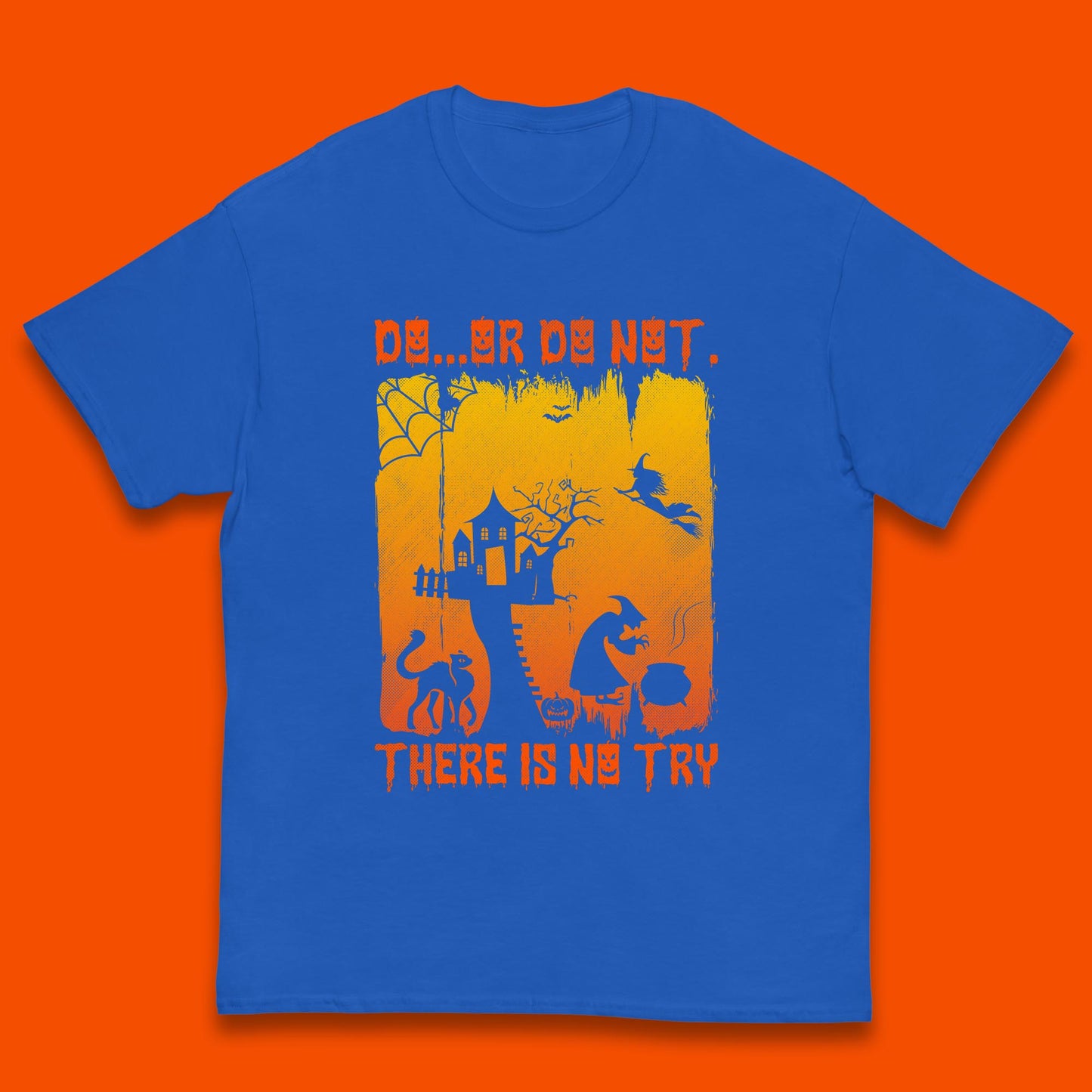 Do Or Do Not There Is No Try Halloween Tree House Flying Witch Scary Spooky Black Cat Kids T Shirt