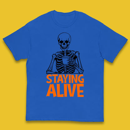 Staying Alive Funny Skeleton Trendy Coffee Halloween Skull Vintage Coffee Lovers Kids T Shirt