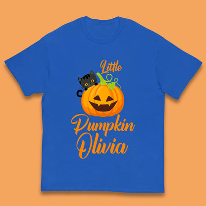 Personalised Little Pumpkin Your Name Black Cat Witch On Pumpkin Kids T Shirt