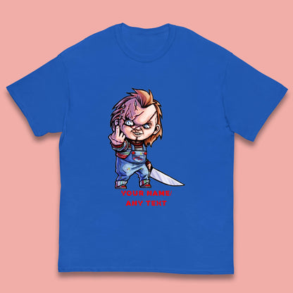 Personalised Chucky With Knife Your Name Or Text Halloween Horror Movie Character Kids T Shirt