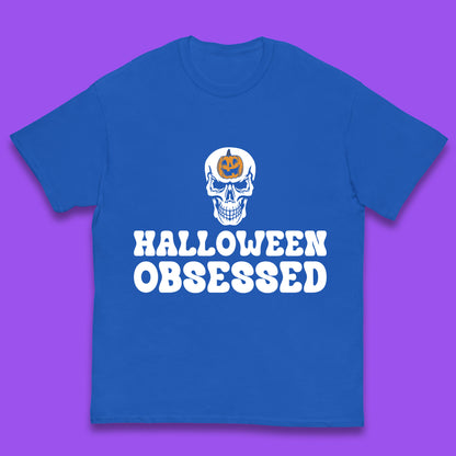 Skull Pumpkin Halloween Obsessed Funny Pumpkin Obsessed Party Spooky Season Kids T Shirt