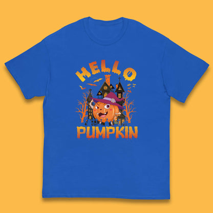 Hello Pumpkin Cartoon Halloween Pumpkin With Witch Hat Devil Smile Haunted Castle Kids T Shirt