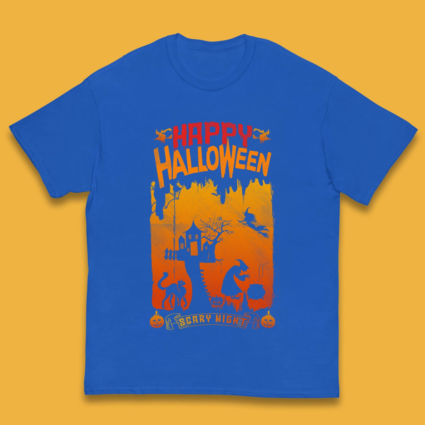 Happy Halloween Horror Hunted House Flying Witch Scary Spooky Night Kids T Shirt