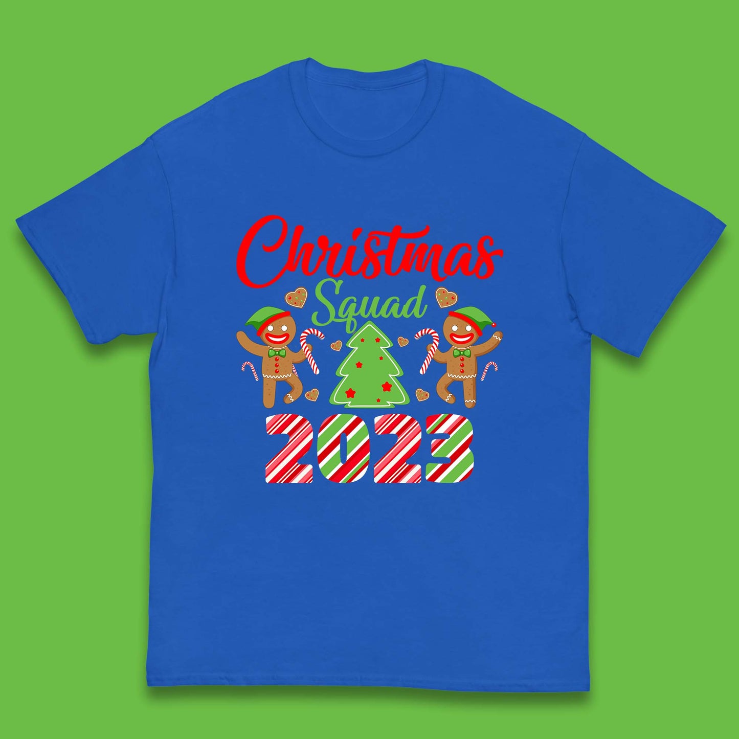 Christmas Squad 2023 Christmas Tree Xmas Gingerbread Man with Candy Cane Kids T Shirt